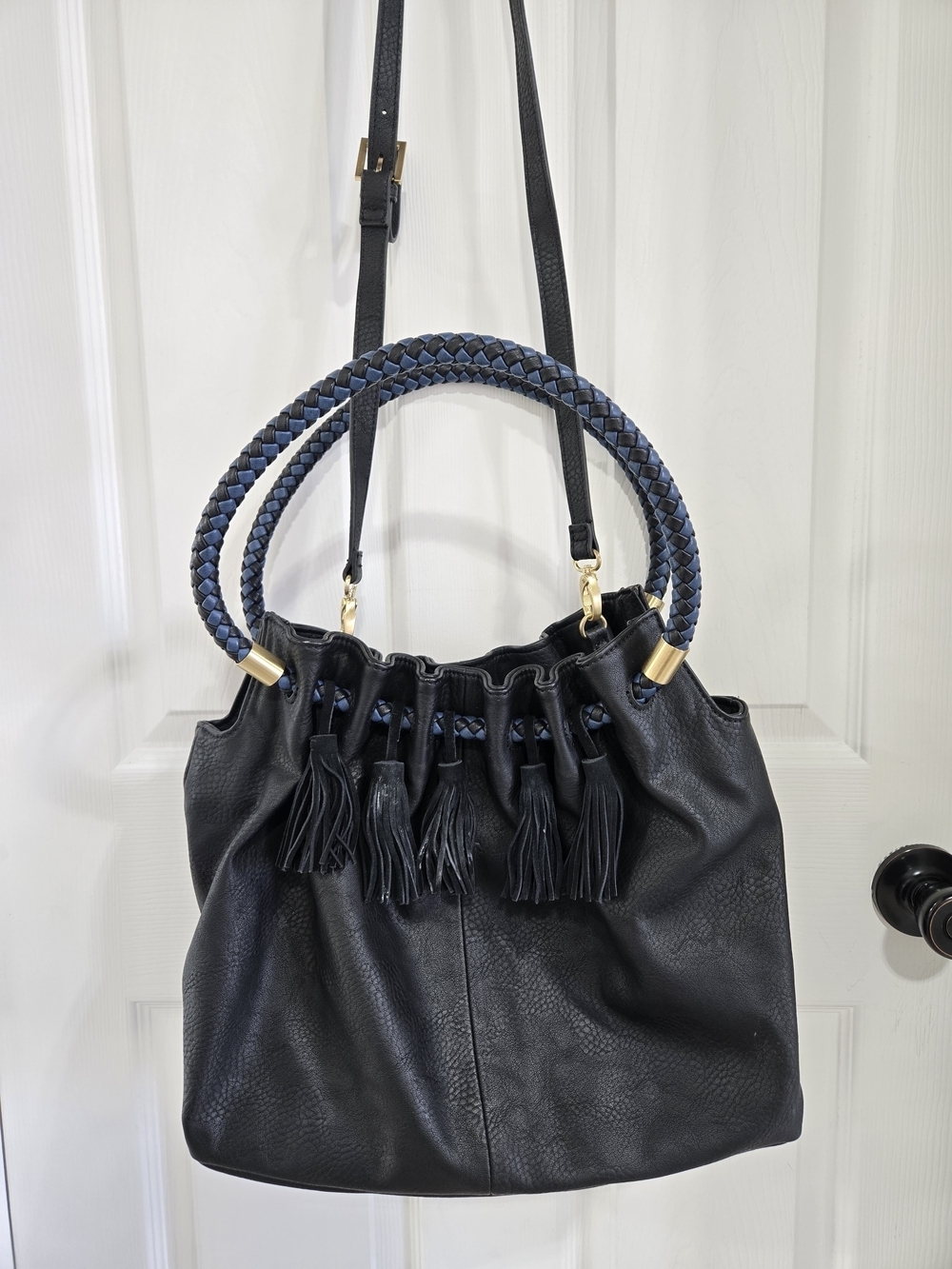 Steven Black Leather Tassel Hobo Bag with Braided Handle